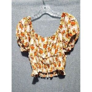 no frills LA Retro Floral Smocked Crop Top - Puff Sleeve Boho Blouse  - Sz XL